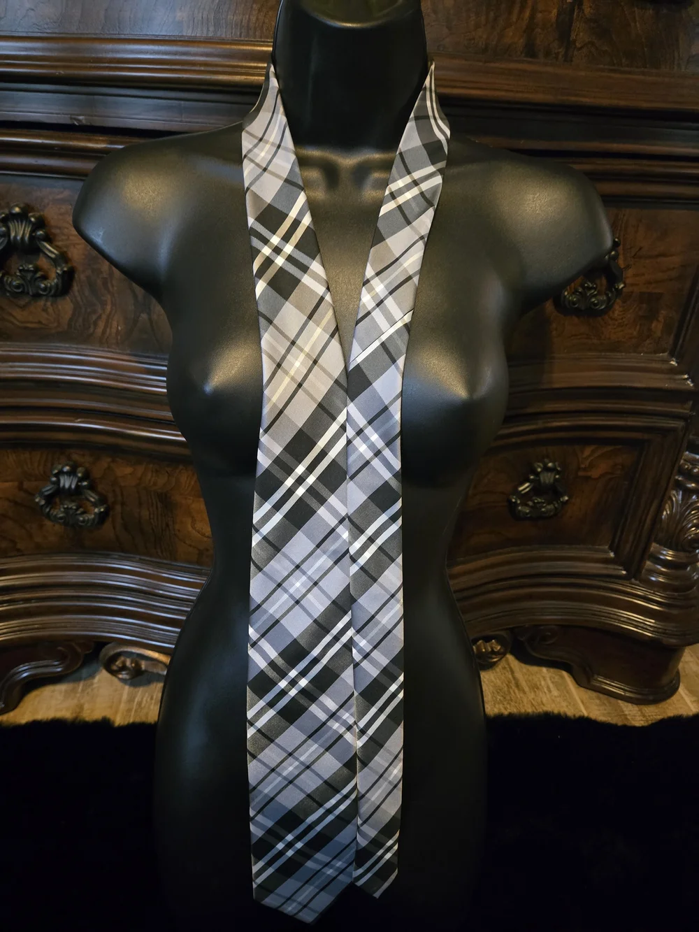 Vesuvio Napoli Italy Men's Tie Black White Gray Geometric Plaid 60